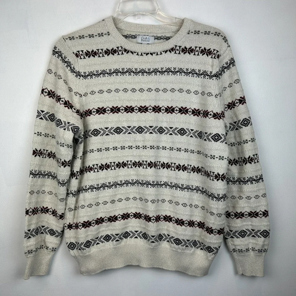 Vtg Sweater Mens XL Knit Retro 90's Y2K Multicolor Crew Cotton Print Ivory